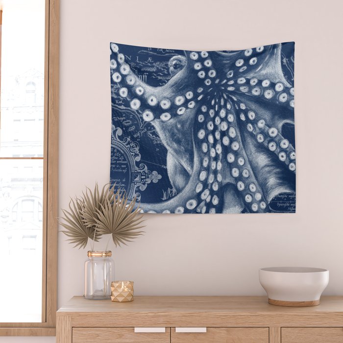 Octopus Vintage Map Blue Nautical Art Wall Tapestry Gallery Image 2