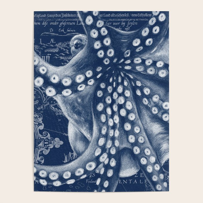 Octopus Vintage Map Blue Nautical Art Poster Gallery Image 4