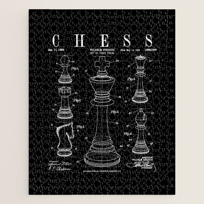 Chess King And Pieces Old Vintage Patent Drawing Print Jigsaw Puzzle Gallery Image 1