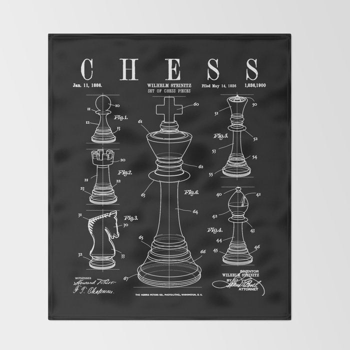 Chess King And Pieces Old Vintage Patent Drawing Print Throw Blanket Gallery Image 2