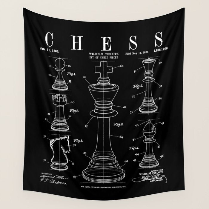 Chess King And Pieces Old Vintage Patent Drawing Print Wall Tapestry Gallery Image 1