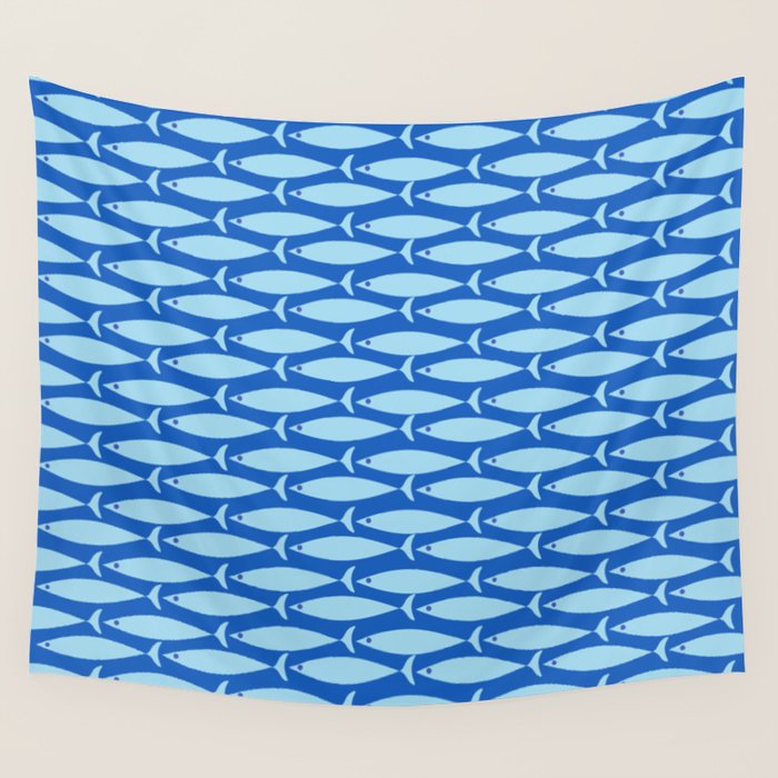 Coastal Fish Geometric Ocean Pattern in Blue Wall Tapestry Gallery Image 1