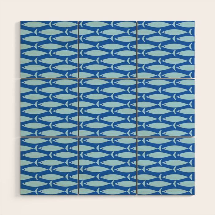 Coastal Fish Geometric Ocean Pattern in Blue Wood Wall Art Gallery Image 1