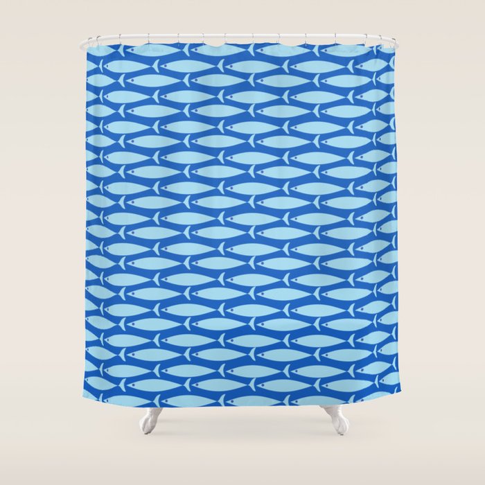 Coastal Fish Geometric Ocean Pattern in Blue Shower Curtain Gallery Image 1