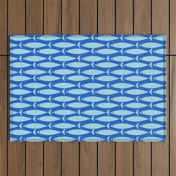Coastal Fish Geometric Ocean Pattern in Blue Outdoor Rug Gallery Image 1