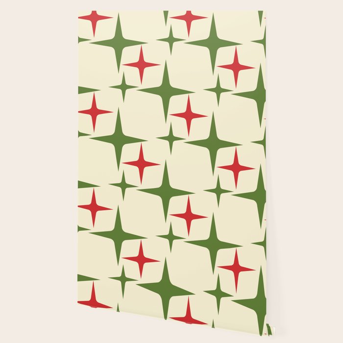 Atomic Christmas Mid Century Modern Stars Retro Xmas Red Green and Cream Small Pattern Wallpaper Gallery Image 2