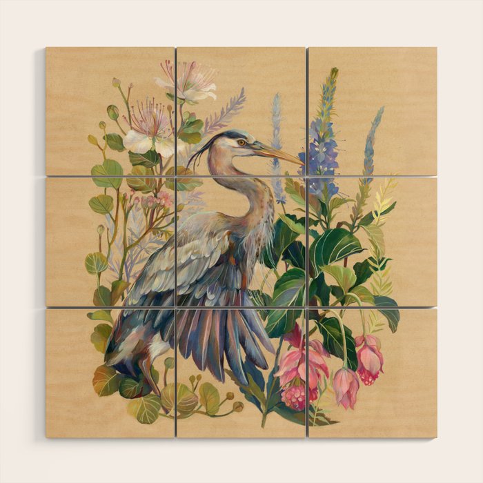 Blue Heron Floral Wood Wall Art Gallery Image 1