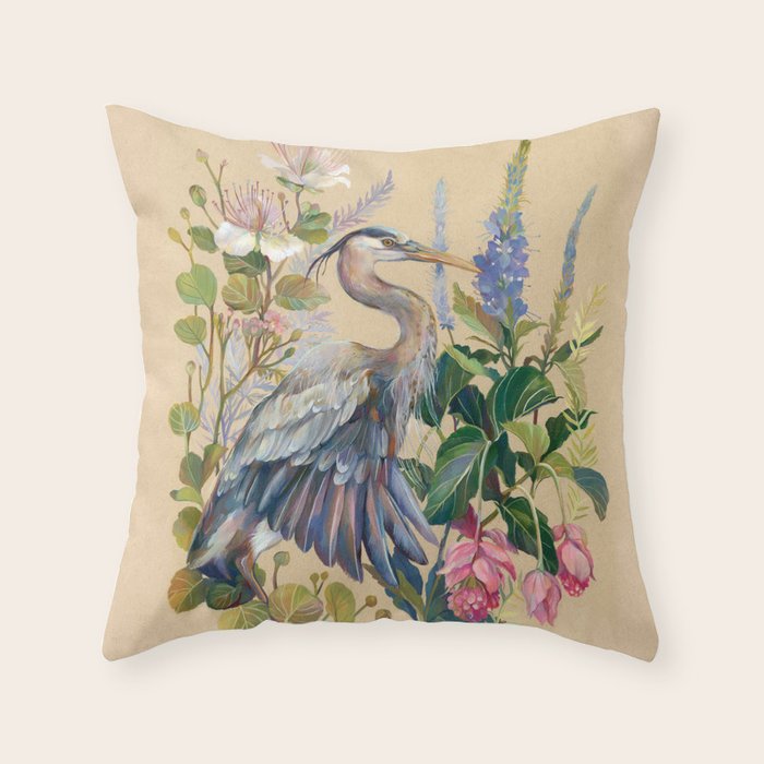 Blue Heron Floral Throw Pillow Gallery Image 1