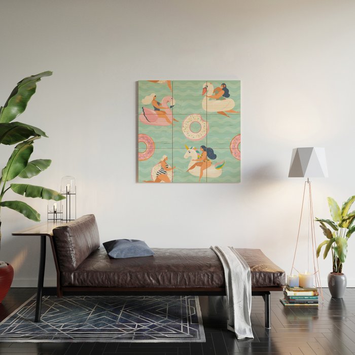 Gils on inflatable in swimming pool floats. Wood Wall Art Gallery Image 2