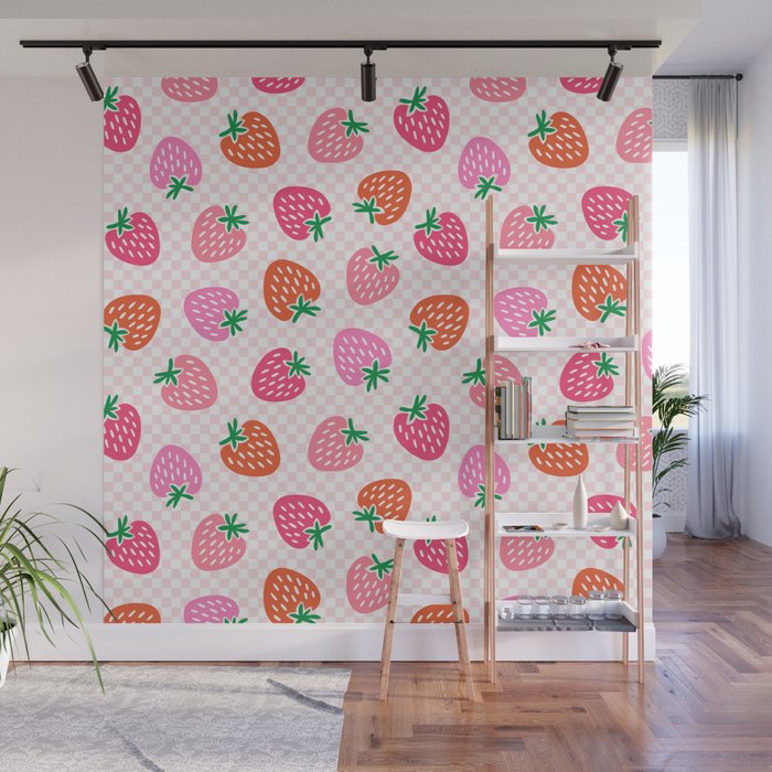 Strawberry Toss on Checks - Pink and Green Wall Mural Gallery Image 1