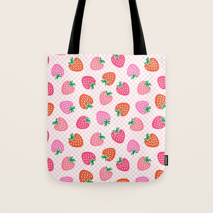 Strawberry Toss on Checks - Pink and Green Tote Bag Gallery Image 1