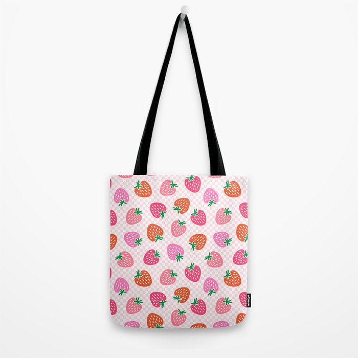 Strawberry Toss on Checks - Pink and Green Tote Bag Gallery Image 2
