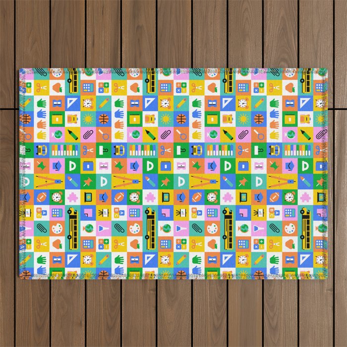 Colorful back to school mosaic pattern Outdoor Rug Gallery Image 1