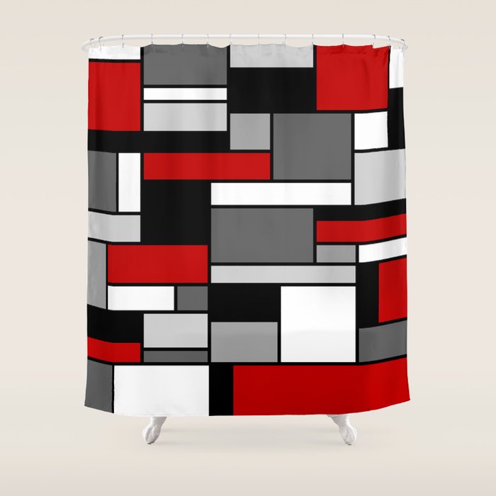 Mid Century Modern Color Blocks in Red, Gray, Black and White Shower Curtain Gallery Image 1