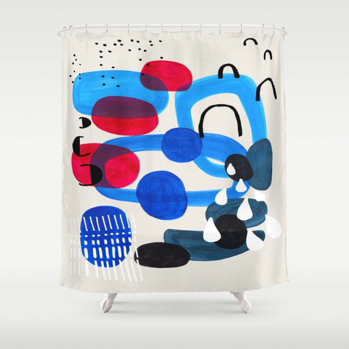 Mid Century Modern Abstract Colorful Art Patterns Ocean Blue Turquoise Grey Shower Curtain Gallery Image 1