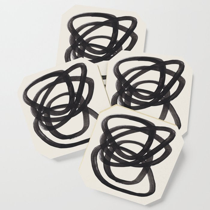 Mid Century Modern Minimalist Abstract Art Brush Strokes Black & White Ink Art Spiral Circles Coaster Gallery Image 1