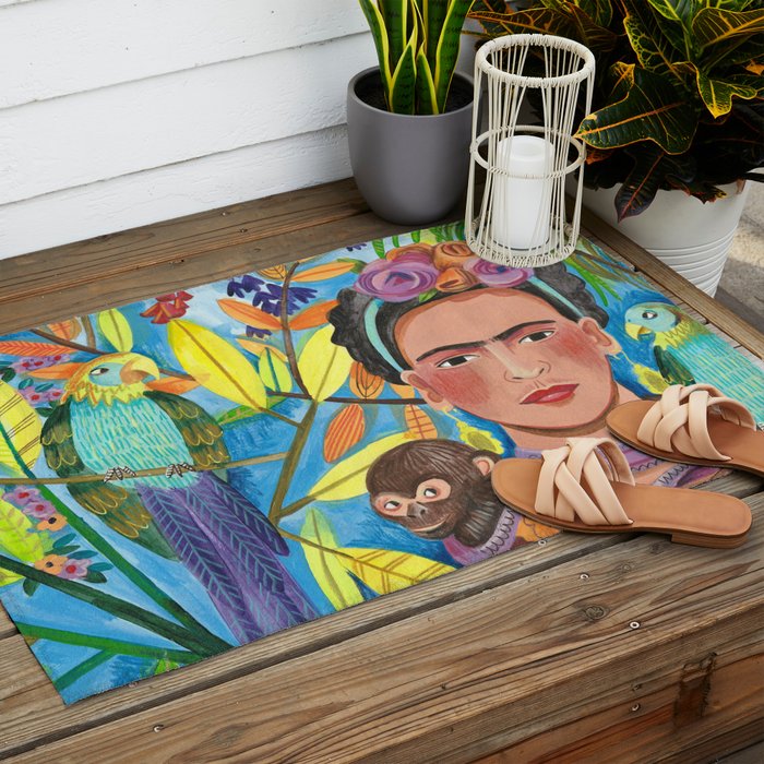 Woman and her parrots Outdoor Rug Gallery Image 2