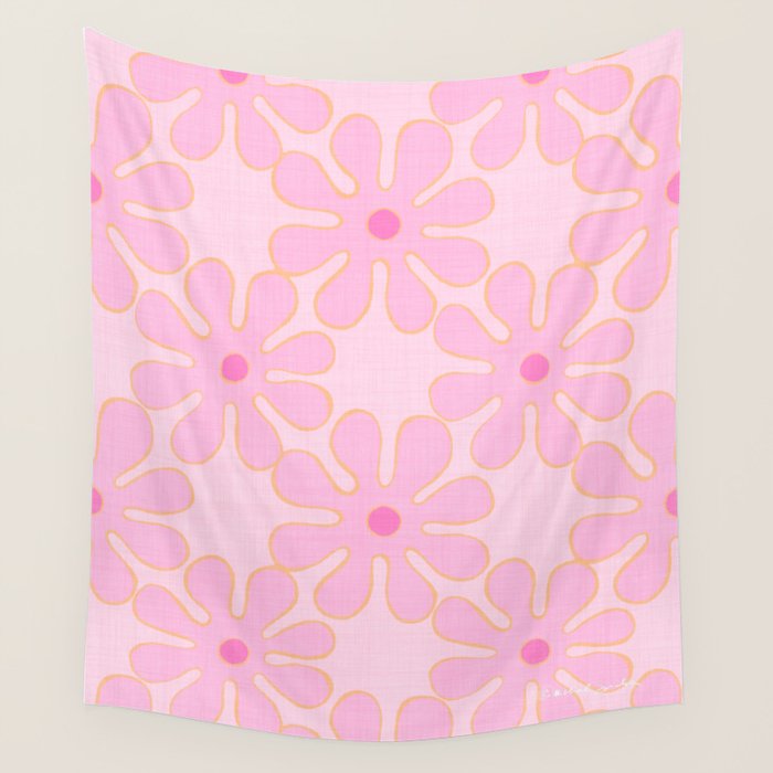 Pink Floral 70s Style Groovy Flowers Wall Tapestry Gallery Image 4