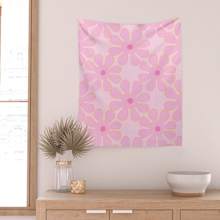 Pink Floral 70s Style Groovy Flowers Wall Tapestry Gallery Image 2