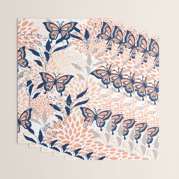 Floral, Butterflies Print, Coral, Navy Bue, Gray Wrapping Paper Gallery Image 3
