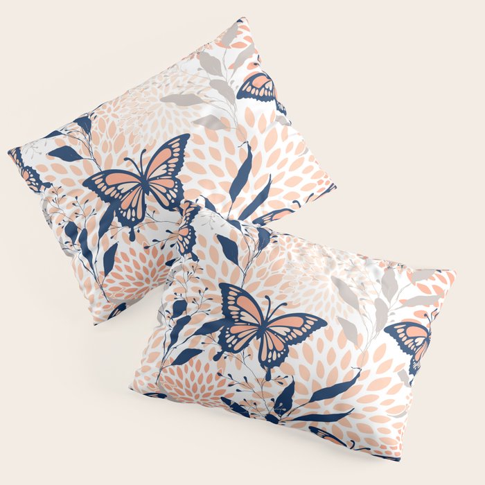 Floral, Butterflies Print, Coral, Navy Bue, Gray Pillow Sham Gallery Image 3
