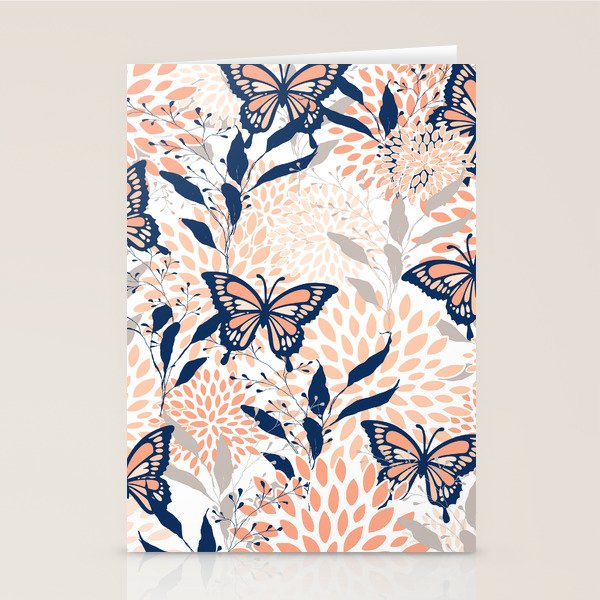 Floral, Butterflies Print, Coral, Navy Bue, Gray Stationery Card Gallery Image 2