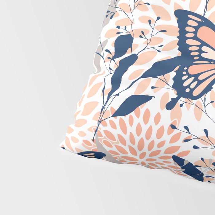 Floral, Butterflies Print, Coral, Navy Bue, Gray Pillow Sham Gallery Image 4