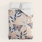 Floral, Butterflies Print, Coral, Navy Bue, Gray Duvet Cover Gallery Image 6