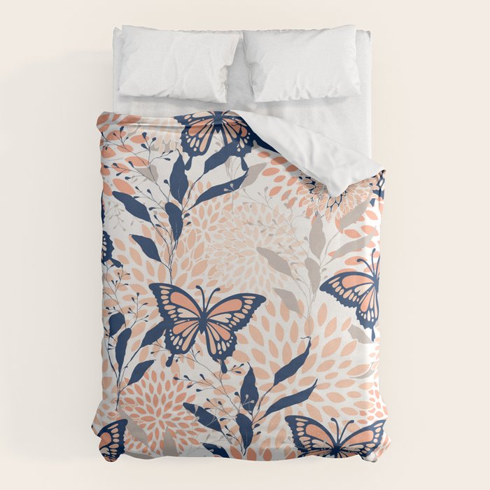 Floral, Butterflies Print, Coral, Navy Bue, Gray Duvet Cover Gallery Image 6