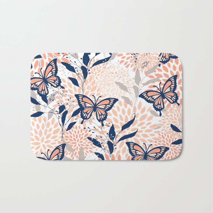 Floral, Butterflies Print, Coral, Navy Bue, Gray Bath Mat Gallery Image 1