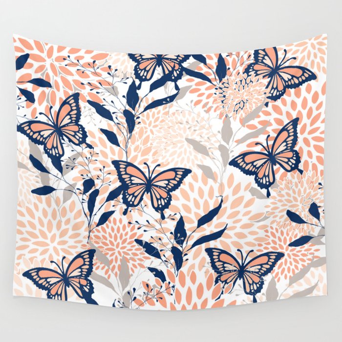 Floral, Butterflies Print, Coral, Navy Bue, Gray Wall Tapestry Gallery Image 4