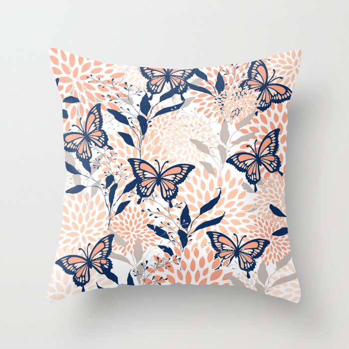 Floral, Butterflies Print, Coral, Navy Bue, Gray Throw Pillow Gallery Image 1