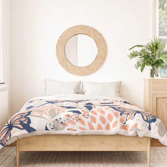 Floral, Butterflies Print, Coral, Navy Bue, Gray Duvet Cover Gallery Image 3