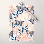 Floral, Butterflies Print, Coral, Navy Bue, Gray Wrapping Paper Gallery Image 1