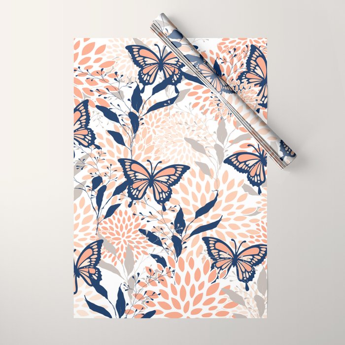 Floral, Butterflies Print, Coral, Navy Bue, Gray Wrapping Paper Gallery Image 1