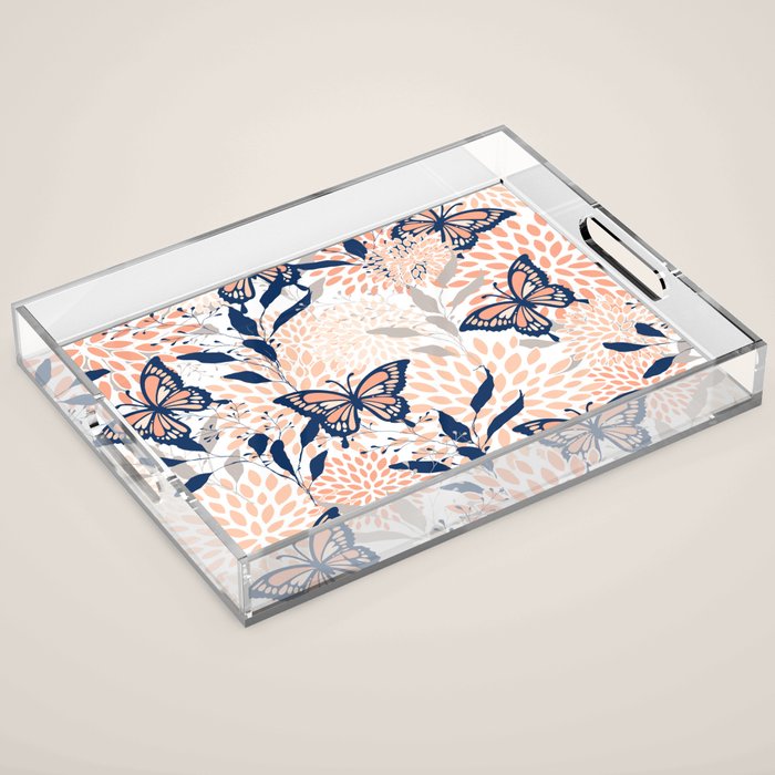 Floral, Butterflies Print, Coral, Navy Bue, Gray Acrylic Tray Gallery Image 1