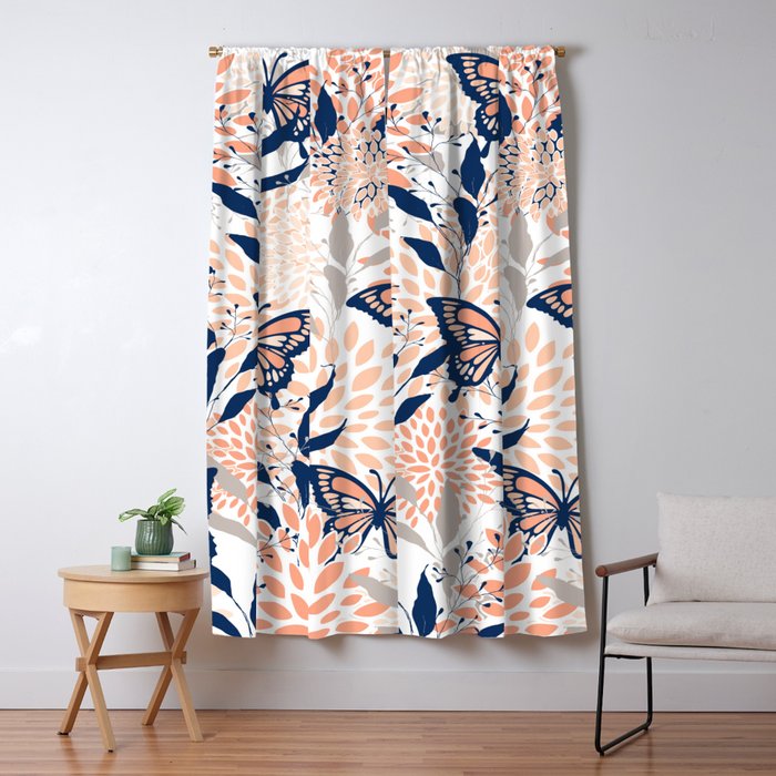 Floral, Butterflies Print, Coral, Navy Bue, Gray Window Curtain Gallery Image 5