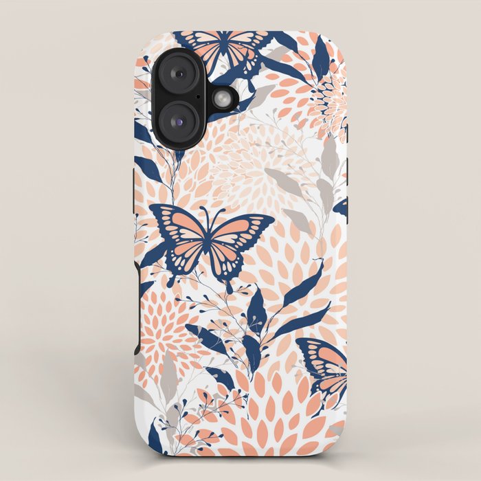 Floral, Butterflies Print, Coral, Navy Bue, Gray iPhone Case Gallery Image 1