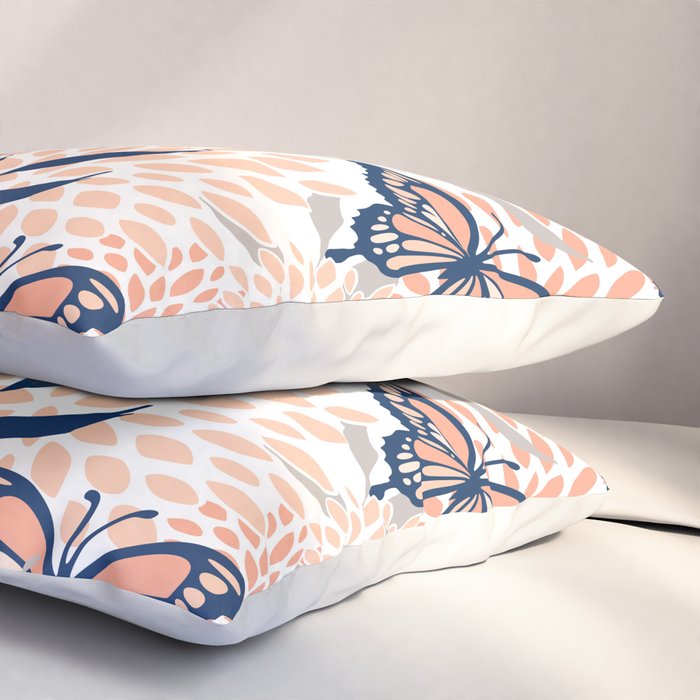 Floral, Butterflies Print, Coral, Navy Bue, Gray Pillow Sham Gallery Image 3