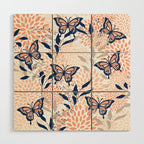 Floral, Butterflies Print, Coral, Navy Bue, Gray Wood Wall Art Gallery Image 1