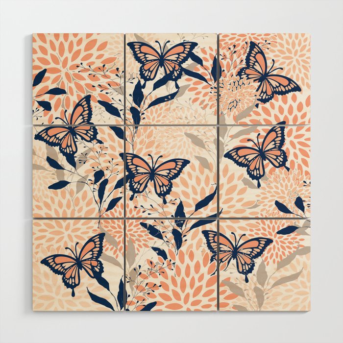 Floral, Butterflies Print, Coral, Navy Bue, Gray Wood Wall Art Gallery Image 1