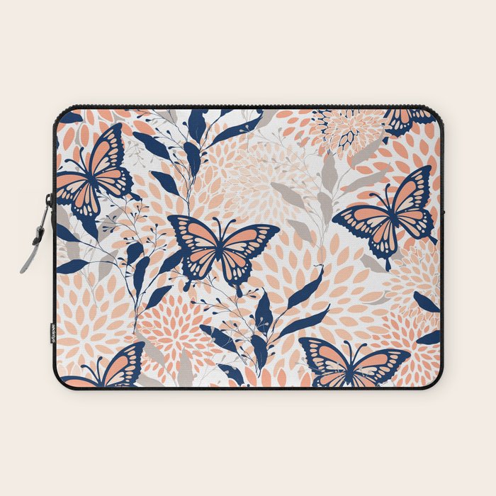 Floral, Butterflies Print, Coral, Navy Bue, Gray Laptop Sleeve Gallery Image 1
