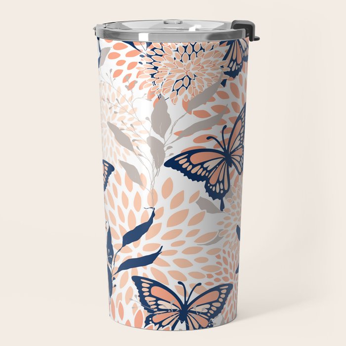 Floral, Butterflies Print, Coral, Navy Bue, Gray Travel Mug Gallery Image 2