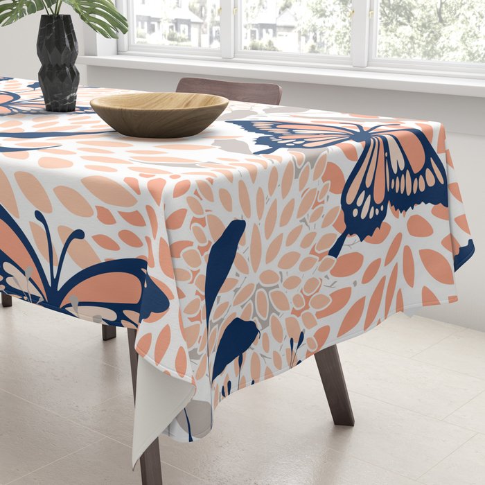 Floral, Butterflies Print, Coral, Navy Bue, Gray Tablecloth Gallery Image 3