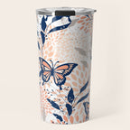 Floral, Butterflies Print, Coral, Navy Bue, Gray Travel Mug Gallery Image 1