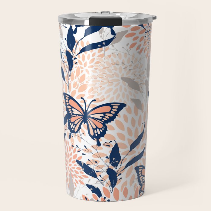 Floral, Butterflies Print, Coral, Navy Bue, Gray Travel Mug Gallery Image 1