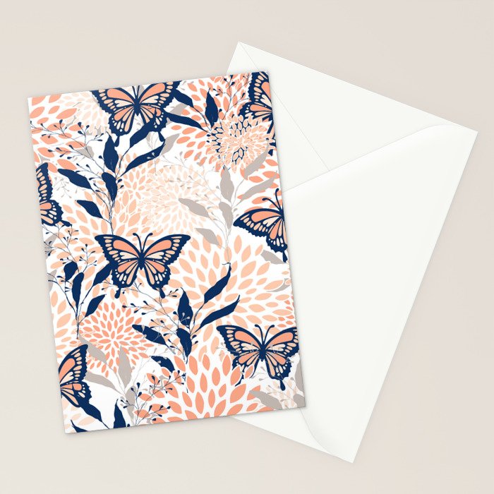 Floral, Butterflies Print, Coral, Navy Bue, Gray Stationery Card Gallery Image 2