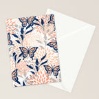 Floral, Butterflies Print, Coral, Navy Bue, Gray Stationery Card Gallery Image 2