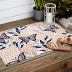Floral, Butterflies Print, Coral, Navy Bue, Gray Outdoor Rug Gallery Image 2