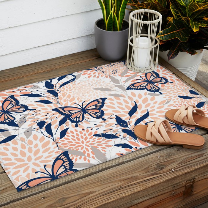 Floral, Butterflies Print, Coral, Navy Bue, Gray Outdoor Rug Gallery Image 2